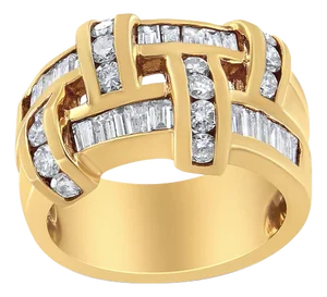 14K Yellow Gold 1 5/8 Cttw Round and Baguette Diamond Lattice Grid Design Ring Band (H-I Color, VS2-SI1 Clarity) - Ring Size 6