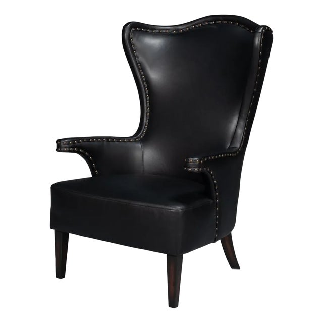 Black High Back Leather Wing Chair For Sale