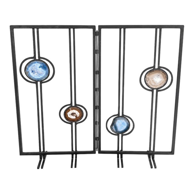 Vintage Modern Black Iron Fireplace Screen With Blue & White Agate Stone Insets For Sale