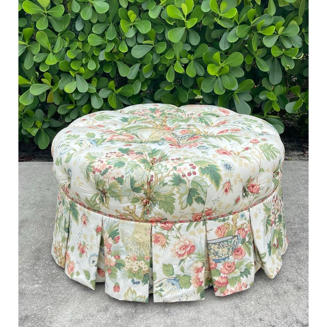 Vintage Hickory Chair Tufted Round Ottoman in Botanical Print For Sale - Image 9 of 15