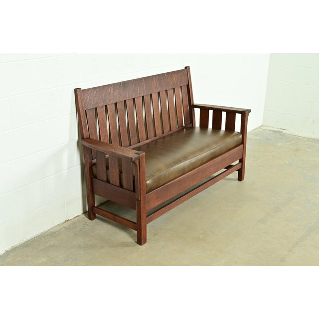J.M. Young J. M. Young & Sons Antique Mission Oak Arts & Crafts Bench or Settle Sofa, Circa 1910 For Sale - Image 4 of 11