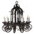 Remarkable thirteen-lights wrought-iron chandelier. Ceiling pendant with twelve bulbs on wooden candle-style holders and...
