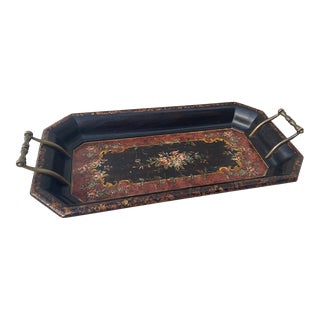 Sarreid Ltd. Rustic European Floral Butler's Tray W/Brass Handles For Sale