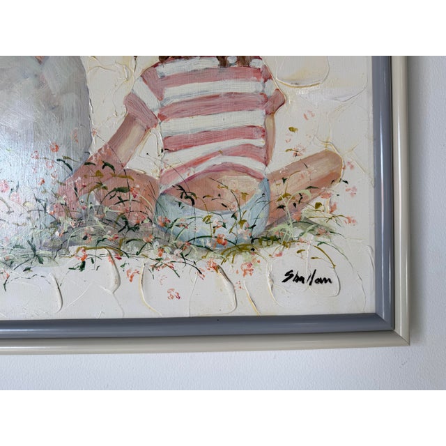 Ivory 1980s Vintage Shallom Two Girls Impressionist Textured Oil on Board Painting, Framed For Sale - Image 8 of 12