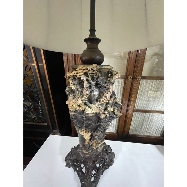 Antique Chinese Elaborately Carved Natural Hard-Stone Table Lamps—A Pair For Sale In New York - Image 6 of 18