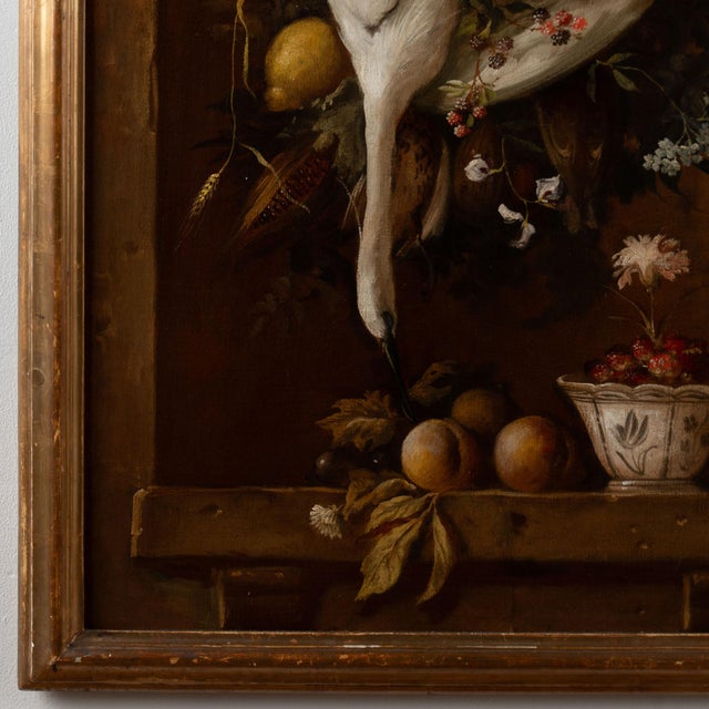 Brown Original Oil on Canvas Still Life Painting of Foul, Flowers, and Fruit From Portugal For Sale - Image 8 of 10