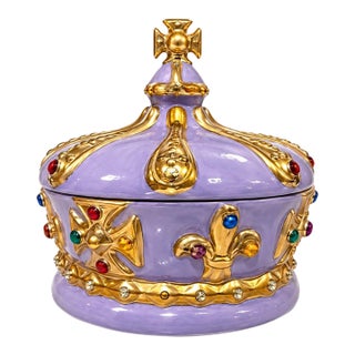 Vintage 1972 Purple & Gold Jeweled Crown Lidded Ceramic Jar For Sale