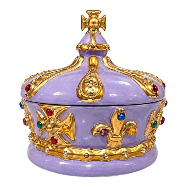 Vintage 1972 Purple & Gold Jeweled Crown Lidded Ceramic Jar For Sale
