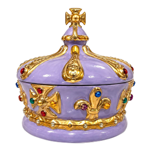 Vintage 1972 Purple & Gold Jeweled Crown Lidded Ceramic Jar