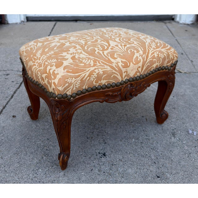 19th Century Antique Louis XV French Provincial Footstool With Fortuny Seat For Sale - Image 5 of 7