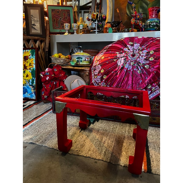Up for consideration is a beautiful vintage petite red wooden Ming table base with corner brackets. This would look lovely...