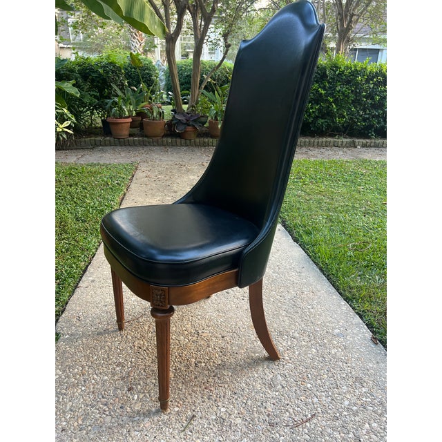 Mid-Century Modern Chic Vintage Hollywood Regency Black Leather Side Chair With Brass Handle For Sale - Image 3 of 10