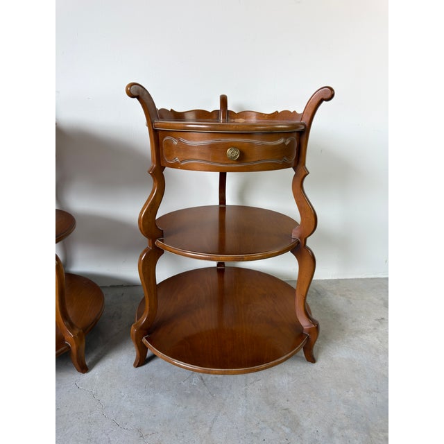 French Provincial Vintage Grosfeld House Three Tier Walnut Side Tables With Drawer – A Pair For Sale - Image 3 of 12