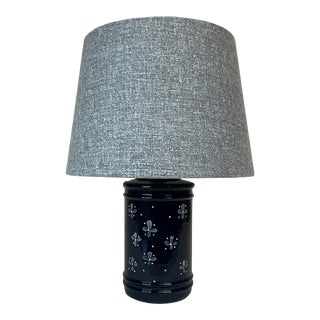 1980s Folk Art Hand Painted Petite Table Lamp With Gray Linen Shade. For Sale