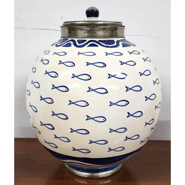 Mediterranean Studio Art Pottery Cookie Jar Utensil Holder Lidded Jar 3 Piece Set For Sale - Image 3 of 12