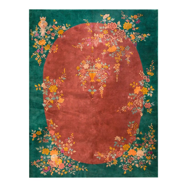 1920s Orange Open Field Floral Modern Antique Chinese Art Deco Knotted Wool Rug For Sale
