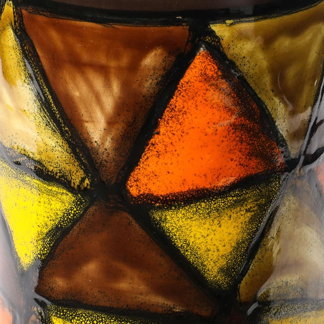 Ceramic Mid-Century Ceramic Vase in Burnt Umber W/ Yellow & Orange Details by Aldo Londi For Sale - Image 7 of 14