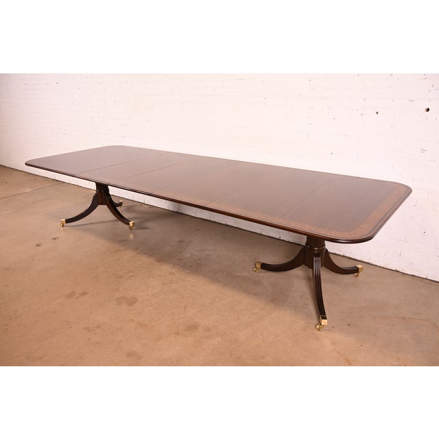 Baker Furniture Stately Homes Georgian Banded Mahogany Double Pedestal Extension Dining Table | Newly Refinished For Sale - Image 14 of 14
