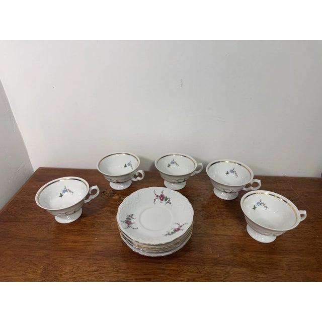 Mid 19th Century Vintage Wawel Poland Porcelain Tea Cup Saucer Set 5 Floral Gold Trim - 10 Pcs For Sale - Image 5 of 18