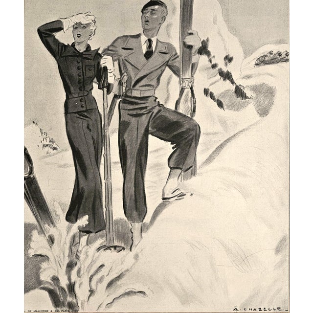 This is a set of 2 French Art Deco ski prints that date to 1934. They originally were the cover art for a French fashion...