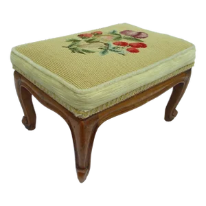 Vintage Belgian Yellow Upholstered Footstool With Carved Base