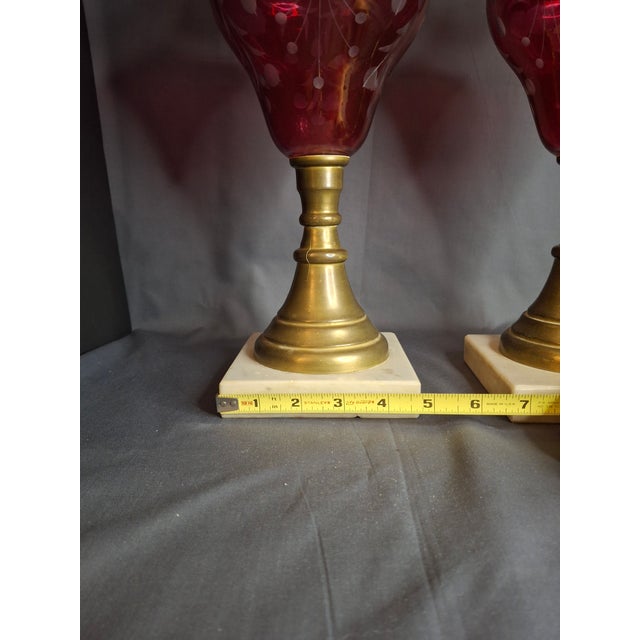 Pair Antique Bohemian Cranberry Cut-to-Clear Kerosene Lamps Marble Base P&a Eagle For Sale - Image 4 of 15