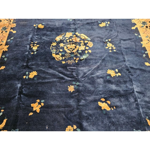 Vintage Room Size Chinese Art Deco Rug, Hand-Knotted Navy Blue, Taupe, 9' x 12' For Sale - Image 13 of 18