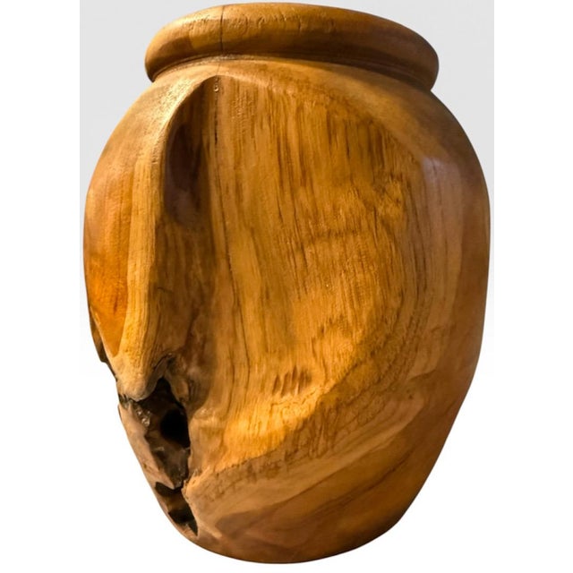 Handcrafted Wabi Sabi Turned Teak Root Wood Urn Vessel With Organic Natural Knots and Voids For Sale - Image 9 of 14