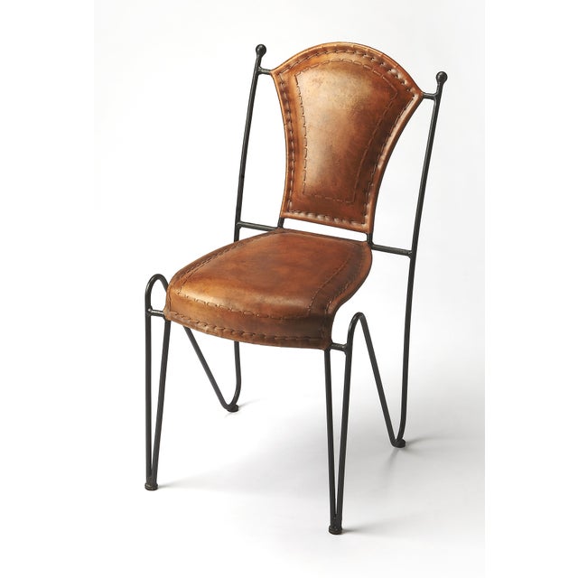 Coriander Iron & Leather Side Chair, Brown Leather For Sale