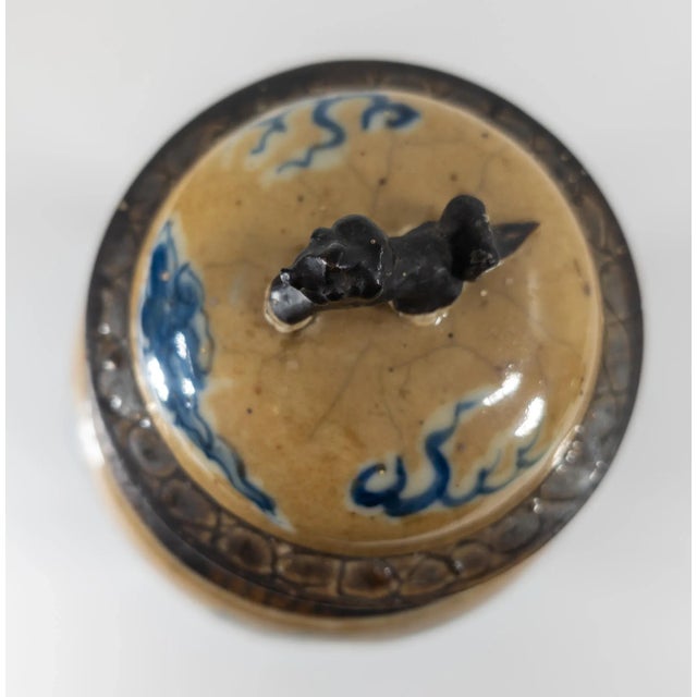 Ceramic 19th Century Chinese Cafe-Au-Lait Garniture Vase With Blue Foo Dogs or Qylin For Sale - Image 7 of 18