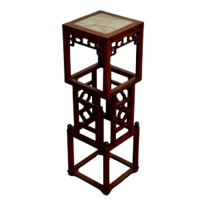 20th Century Chinese Square Carved Rosewood Pedestal Stand With Marble Top