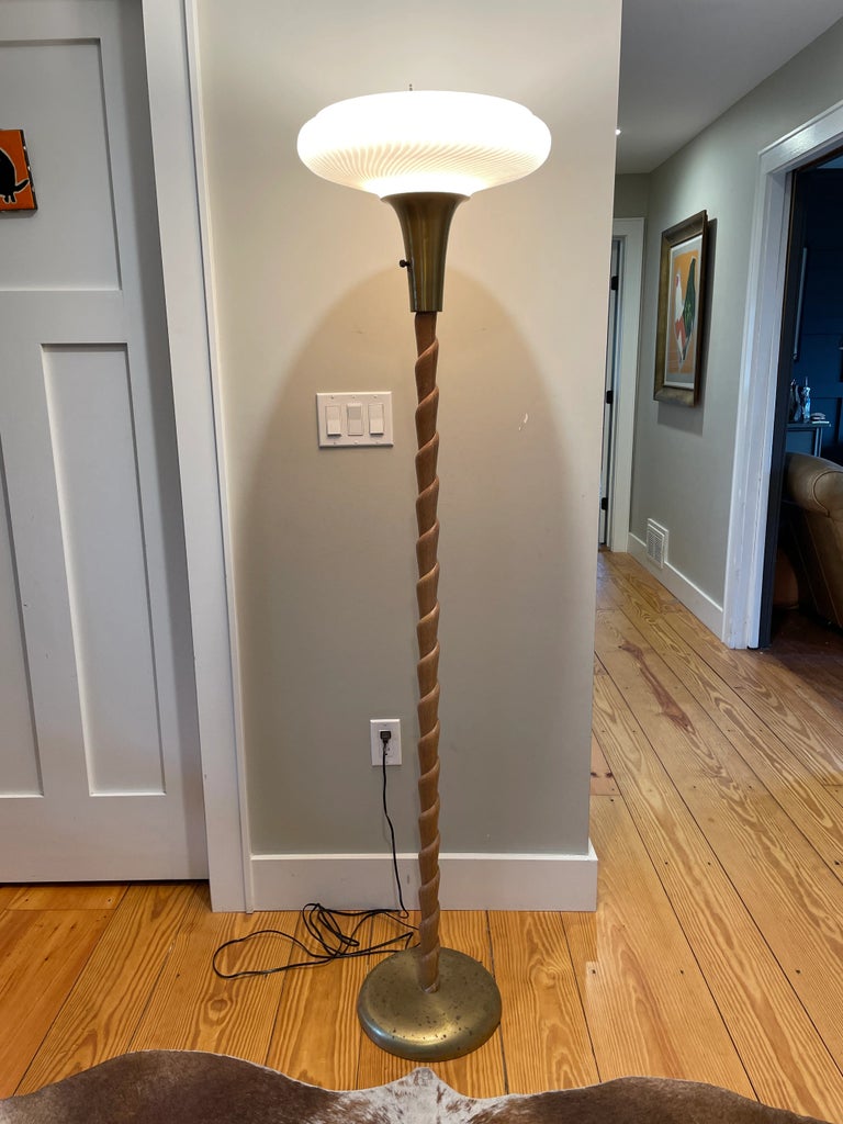 1930s Russel Wright Twisted Cerused Oak Brass Torchiere Floor Lamp