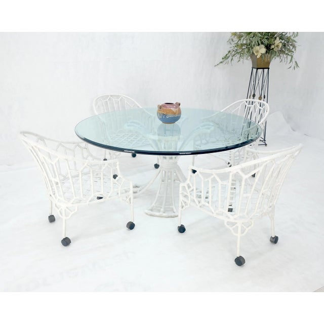 Russell Woodard Cast Aluminum Faux Bamboo 4 Arm Chairs 60" 3/4" Glass Top Dining Table Set For Sale - Image 4 of 12