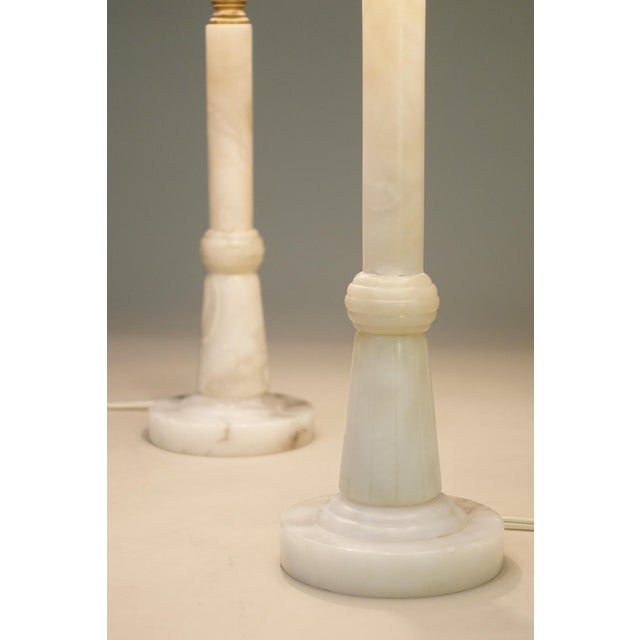 Stone 1930s Art Deco Streamline Alabaster Marble Brass Candlestick Table Lamps Italy - a Pair For Sale - Image 7 of 13