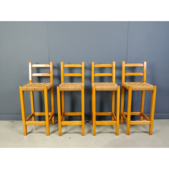 Vintage Oak and Papercord Bar Stools, 1960s, Set of 4 For Sale - Image 6 of 8