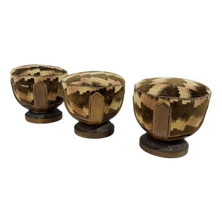 Art Deco Italian Poufs in Walnut and Velvet, 1940, Set of 3 For Sale