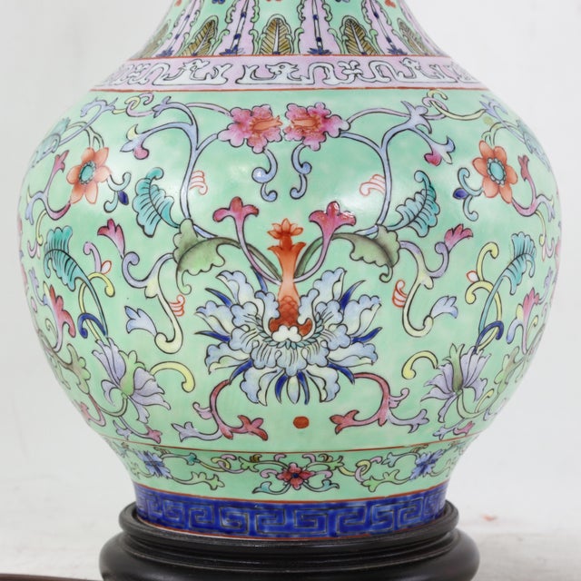 Vintage Chinese Famille Rose Lime Green Porcelain Vase Lamp With Lotus and Peony Scrollwork For Sale - Image 13 of 16