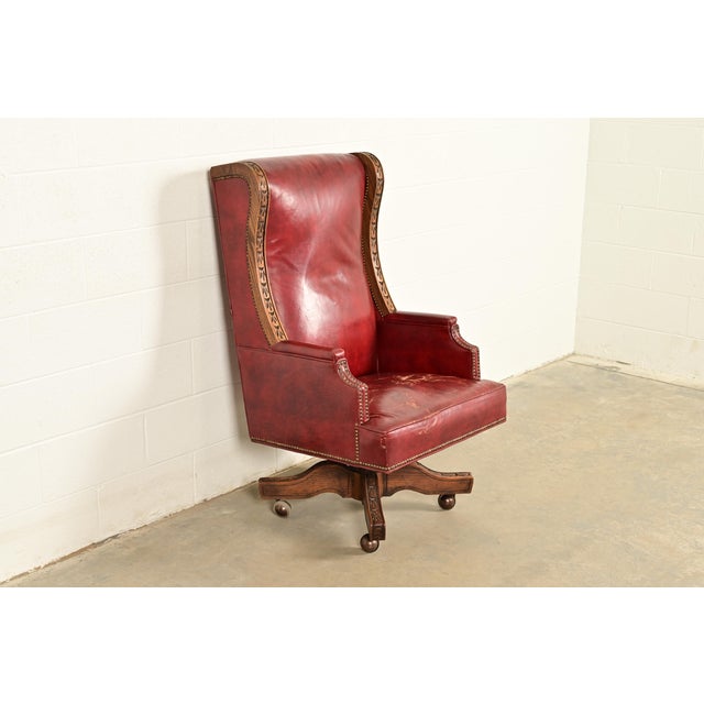 Romweber Romweber Viking Oak and Leather High Back Executive Swivel Desk Chair, Circa 1960s For Sale - Image 4 of 14