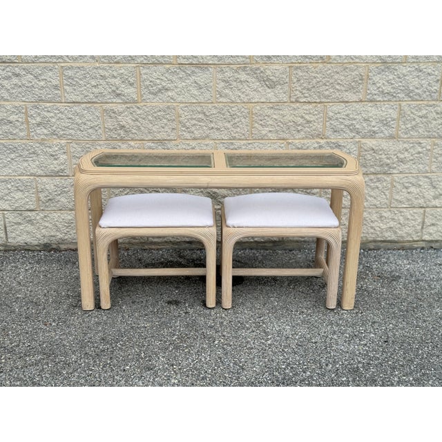 1970s Reed-Wrapped Console Table With Glass Top and Pair of Matching Stools For Sale - Image 4 of 10