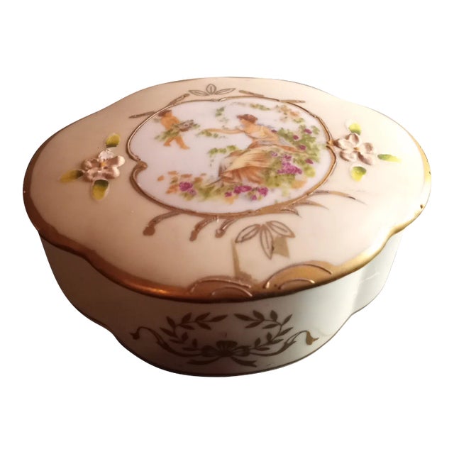 1950s Handpainted Porcelain Trinket Dresser Box For Sale