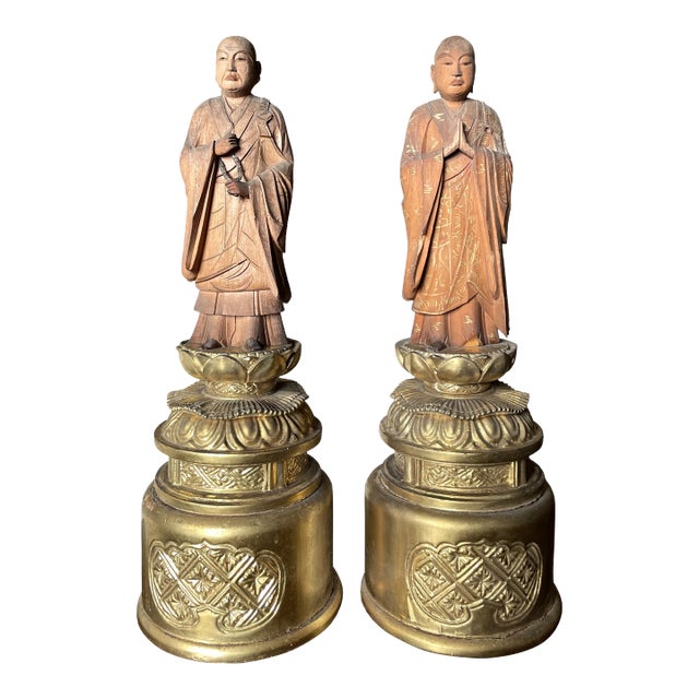 Antique Japanese Taishō Carved Zushi Monks on Gilt Bases- A Pair For Sale