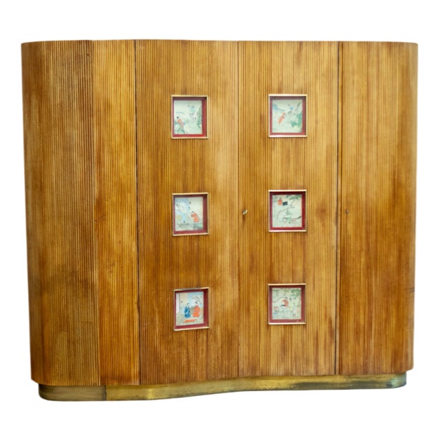 Bamboo Wardrobe Cabinet with Illustrations, Italy, 1950 For Sale