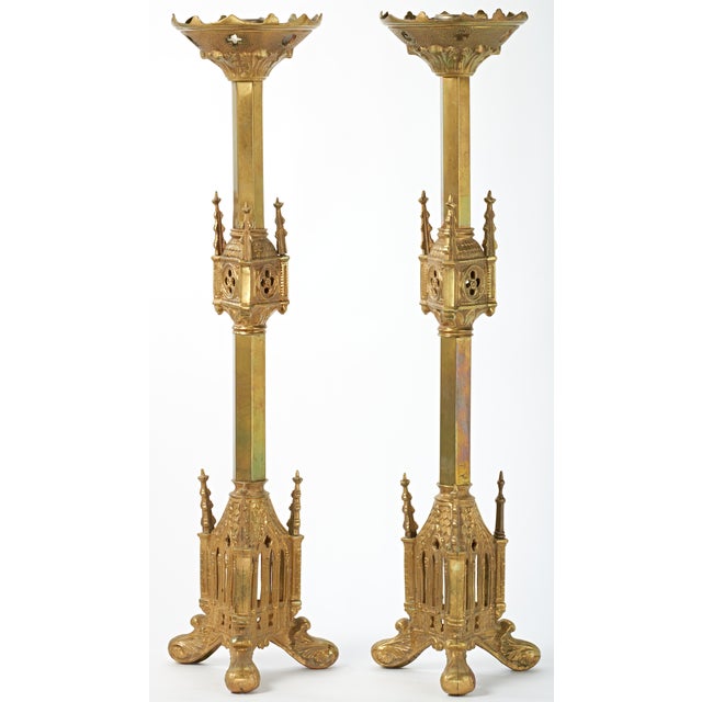 Early 20th Century Pair Antique Gothic Cathedral Brass Candlesticks For Sale - Image 5 of 12