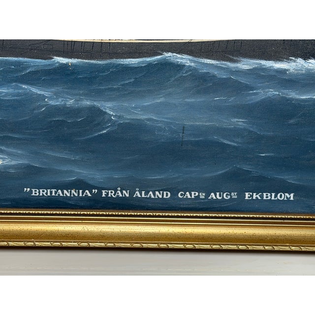 Vintage Maritime Oil Painting of “Britannia of Åland” – Scandinavian Ship Portrait, Baltic Barque, Signed Hartvik After Lind For Sale - Image 4 of 18