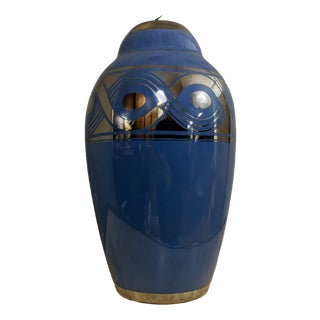 Large Art Deco Porcelain Vase with Silver Geometric Shapes, 1930s For Sale