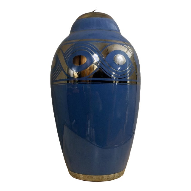 Large Art Deco Porcelain Vase with Silver Geometric Shapes, 1930s For Sale