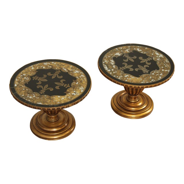 1960s Hollywood Regency Pair Round Eglomise Gold Pedestal End Tables Chairish