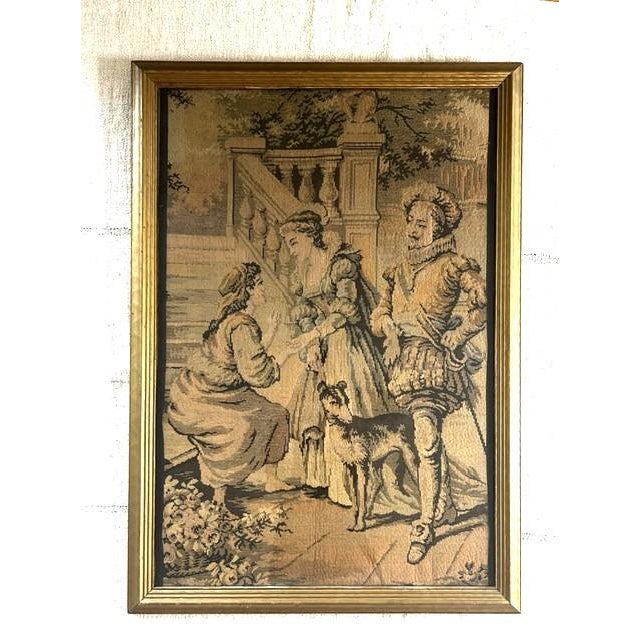 Elegant early 20thc European made woven tapestry depicting a courtly pictorial scene framed within a period appropriate...