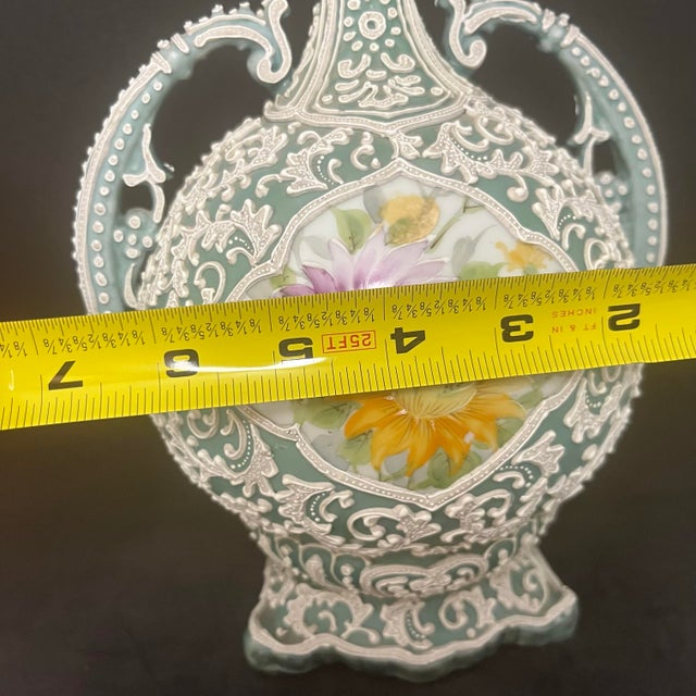 Japanese Moriage Double Handle Bottle Vase Hand Painted Floral Porcelain 10” For Sale - Image 4 of 11
