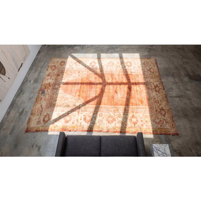 Textile Luxurious Soft Pile Antique Coral Turkish Tribal Small Size Islamic Muslim Prayer Design Angora Oushak Rug For Sale - Image 7 of 9